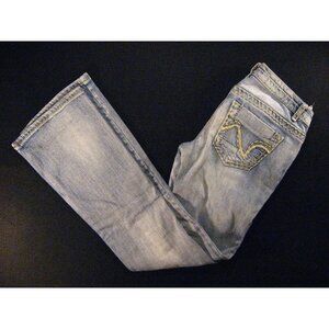Vanilla Star Womens Jeans Low-Rise 5 Distressed Blue Embroidered Pockets Bootcut